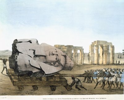 Tryb, w którym usunięto głowę Młodego Memnona, tworzą Tablice ilustrujące Badania w Egipcie i Nubii. Belzoni, Giovannie Battista. Aglio, Agostino (1777-1857) Opublikowano 1820-22 autorstwa Agostino Aglio